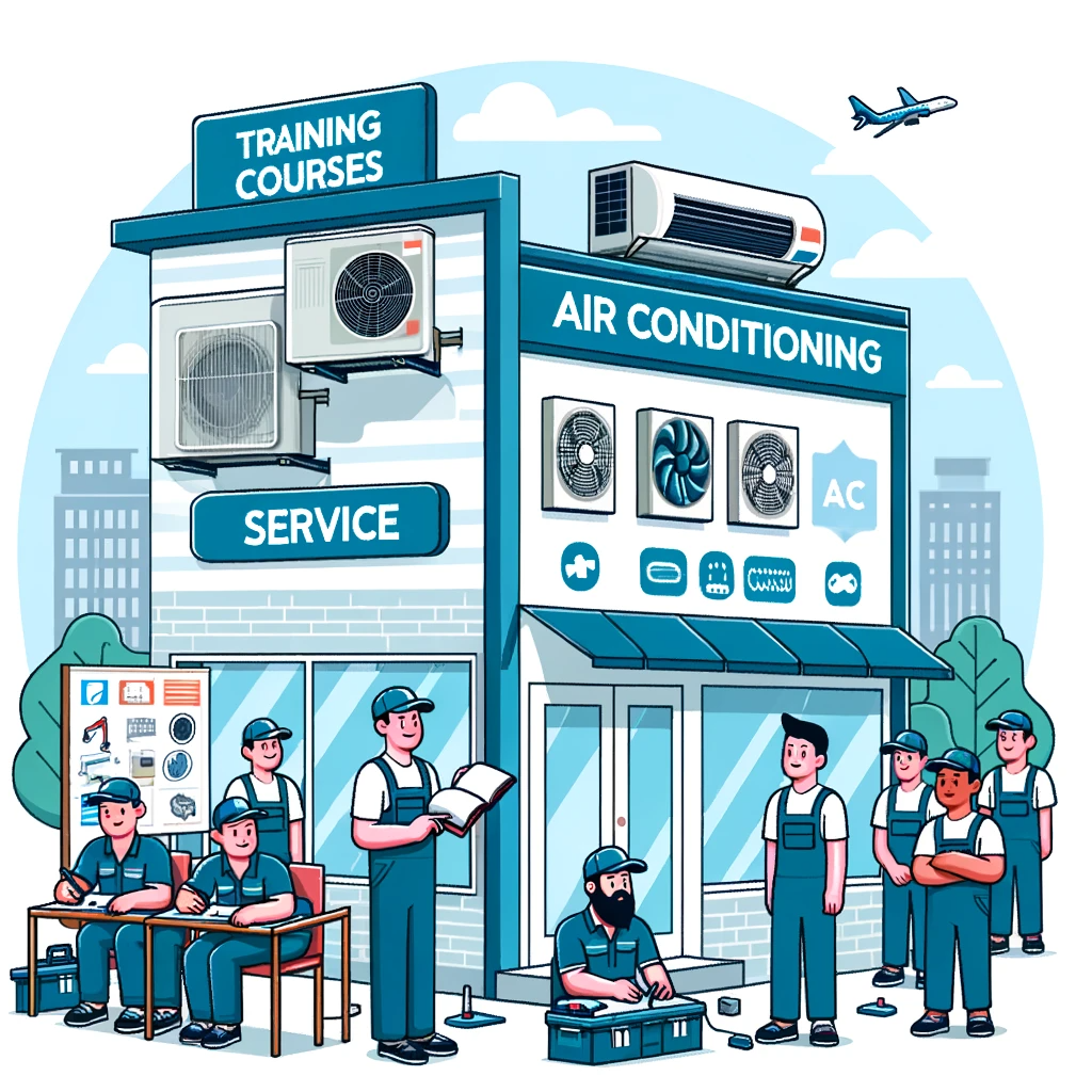 DALL·E 2023-12-27 20.22.14 - Illustration of a business offering air conditioning service and training courses in Indonesia. The image shows a building divided into two sections_